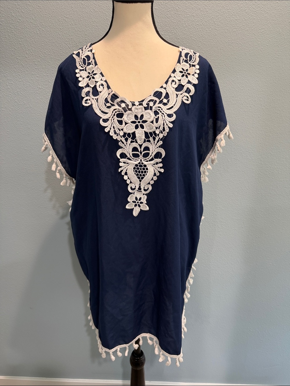 Navy Swim Coverup Tunic with White Crochet Trim